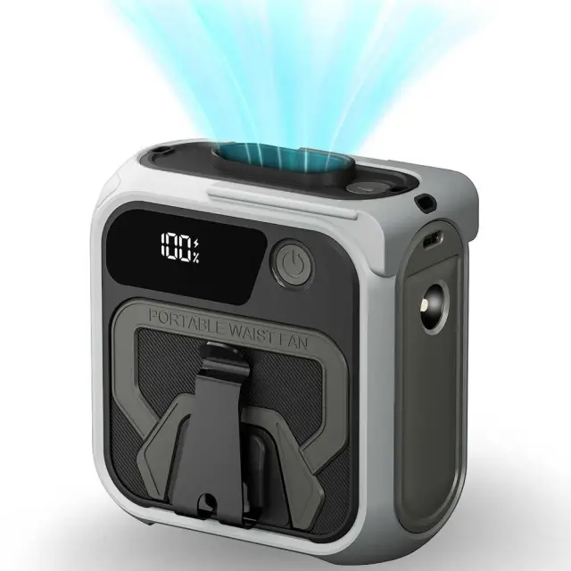 Techsuit - Premium Portable Mini Fan (Z13) - with Power Bank, Rechargeable, 5 Wind Speeds, Belt Buckle, 10000mAh - Gray
