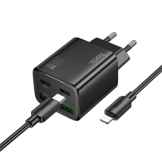 Hoco Φορτιστής με Θύρες USB-C, USB-A και Καλώδιο Lightning 30W Μαύρος N56