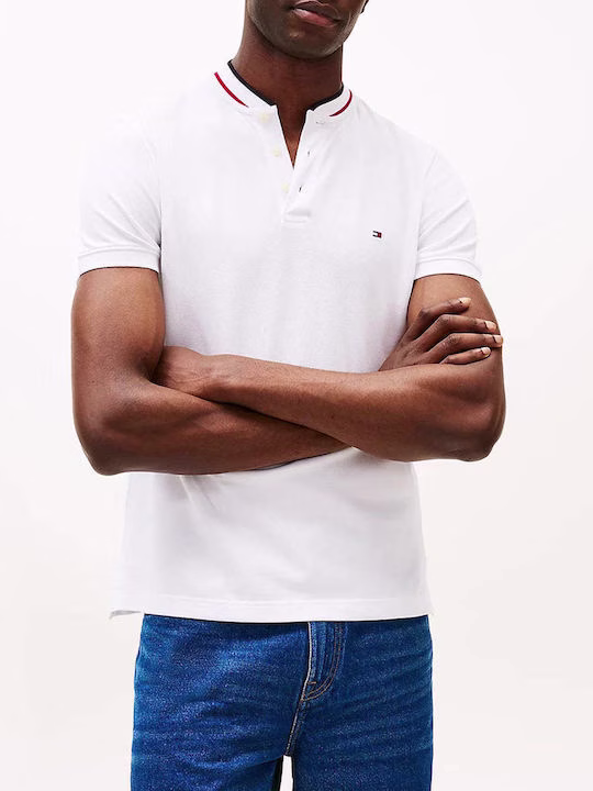 Tommy Hilfiger Ανδρικό Λευκό T-shirt με μπλε κόκκινο μάο Γιακά Άσπρο 2