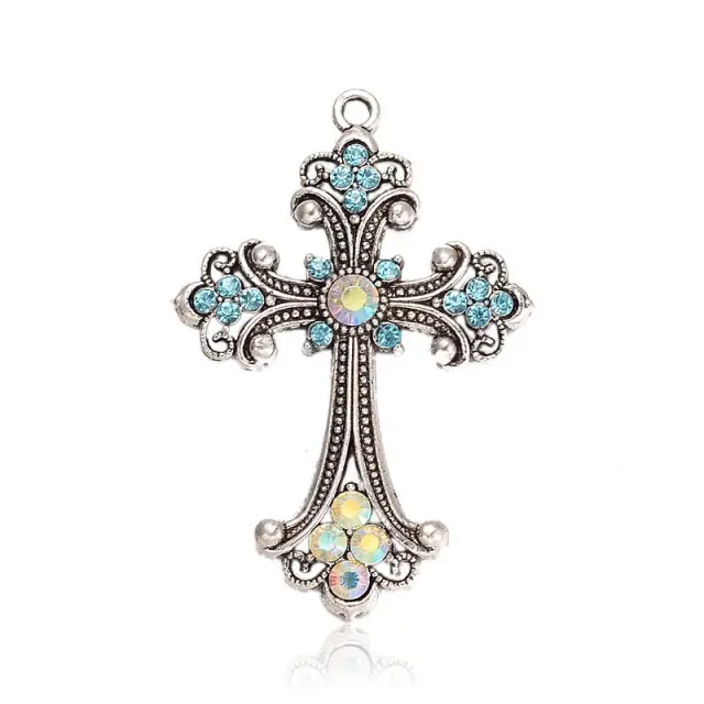 Μεταλλικό Κρεμαστό Antique Silver Rhinestone Aqua, Σταυρός 75x50x6mm - 1τεμ