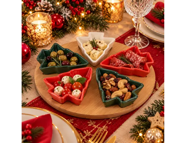 Σετ σερβιρίσματος Excellent Houseware με 5 μπολ και δίσκο - Φυσικό χρώμα ξύλου, πρασινο, κόκκινο 278000980