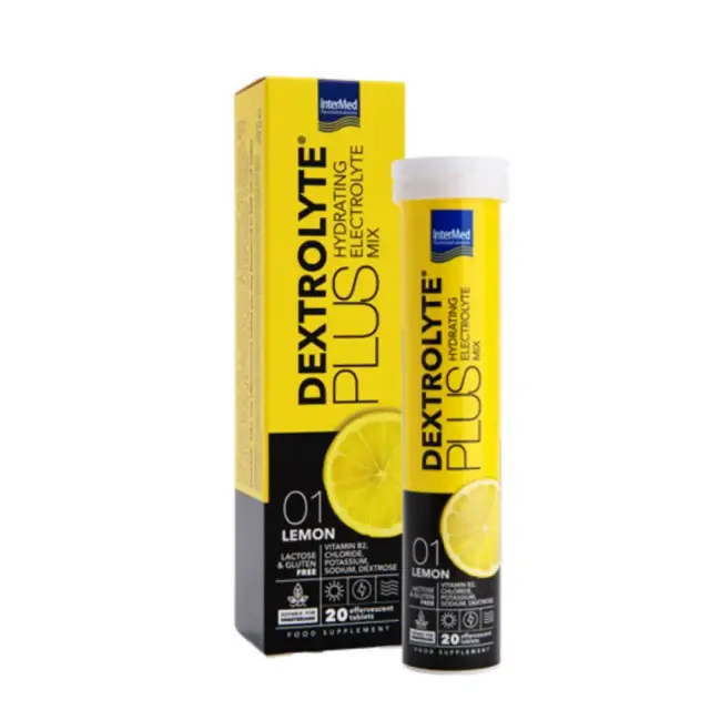 Intermed Dextrolyte Plus Lemon Συμπλήρωμα Διατροφής Με Ηλεκτρολύτες & Δεξτρόζη Γεύση Λεμόνι 20 Αναβράζοντα Δισκία