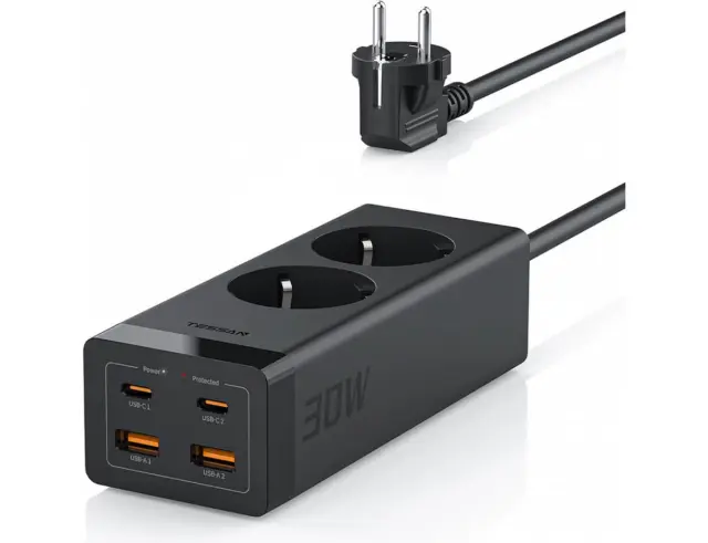 Πολύπριζο ασφαλείας Tessan (TS-FS01DE00) - 2x Schuko, 2x USB-A, 2x USB-C - BlackTS-FS01DE00