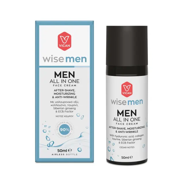 Vican Wise Men 24ωρη All in One After Shave & Ανδρική Κρέμα Προσώπου για Ενυδάτωση, Αντιγήρανση & Ανάπλαση με Υαλουρονικό Οξύ 50ml