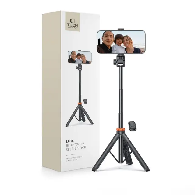 Tech-Protect L03S Bluetooth selfie stick με τηλεχειριστήριο, τρίποδο έως 148cm και κεφαλή 180 - μαύρο