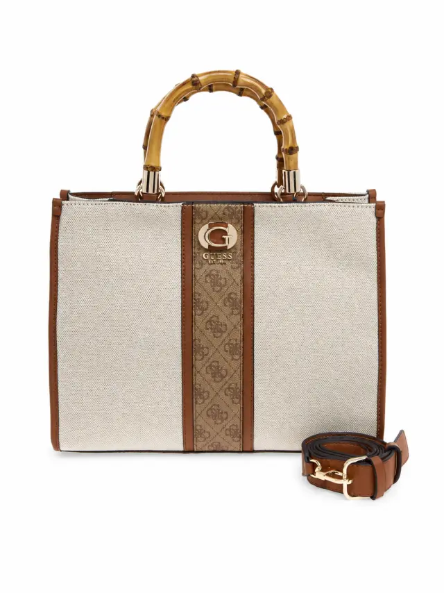 Guess Kerima Bamboo Γυναικεία Τσάντα Tote Εκρού/Καφέ - Μεσαίο