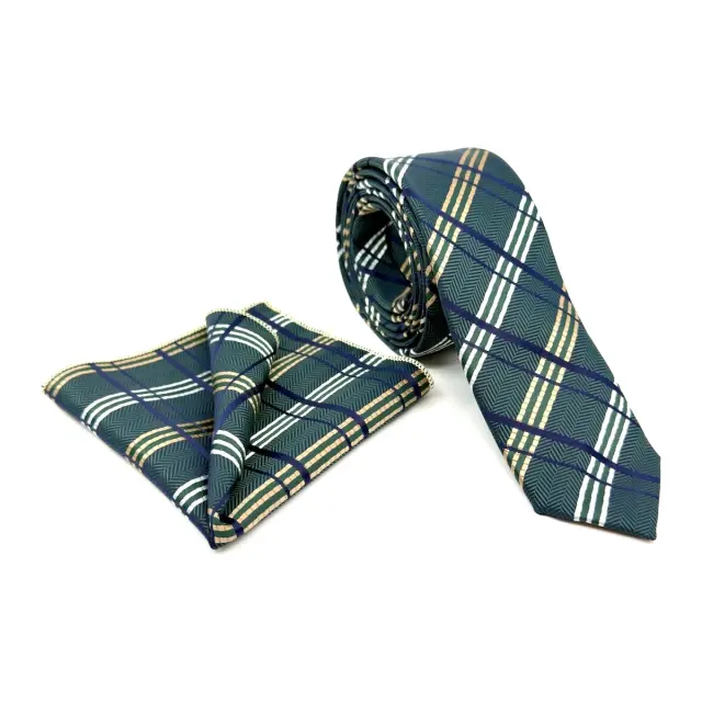 Πράσινη Γραβάτα Καρό Microfiber Σετ με Μαντήλι 6,5 cm