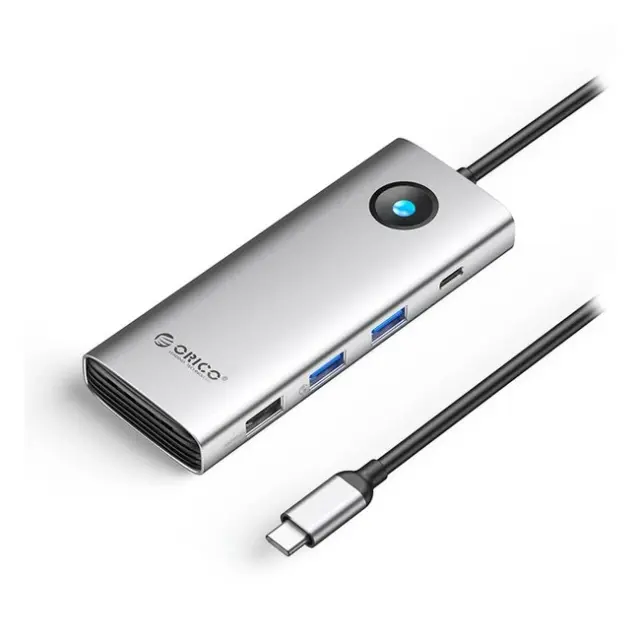 Orico Docking Station PW11 8in1 USB-C 2x USB-A 3.0 1x USB-A 2.0 1x USB-C 3.0 1x USB-C PD 100W 1x HDMI 4K60Hz 1x VGA 1080P 60Hz 1x RJ45 Gigabit Ethernet Silver