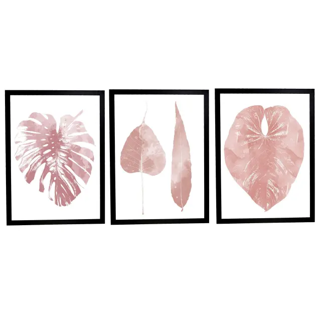 Θέμα (pink leaves 30) 3 Κάδρα 50X70 με κορνίζα ξύλινη μαύρη, τζαμί άθραυστο ακρυλικό, συνολικό έργο 160cm x70cm. 3