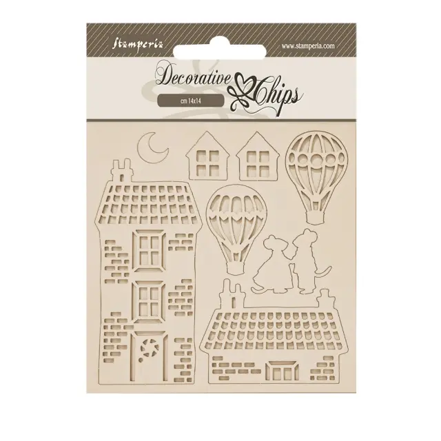Chipboard Stamperia 14x14cm, Family, Σπίτι και Αερόστατο