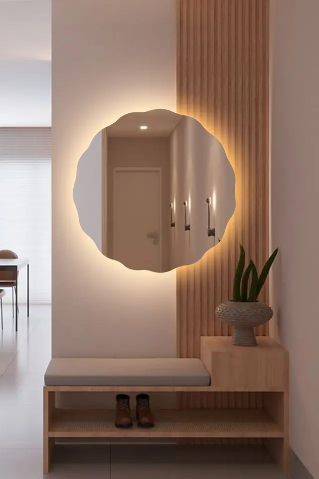 Stewehome Ασύμμετρος καθρέφτης τοίχου με LED και σχέδιο μαργαρίτας για μπάνιο 90x90 cm 2