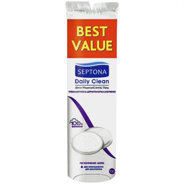 Septona Round Cotton Pads Στρογγυλοί Δίσκοι Ντεμακιγιάζ Διπλής Όψης με Ραμμένες Άκρες, 100τμχ