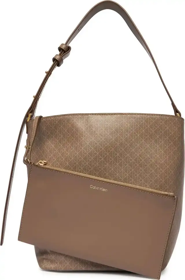 Calvin Klein Γυναικεία Μεγάλη Τσάντα Emblem Αll Over Print Medium Bucket Μπεζ