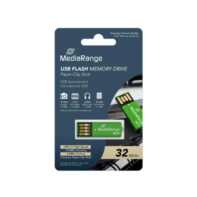 MediaRange USB 2.0 Nano Flash Drive Paper-clip stick 32GB (Green) (MR977) MR SSD & USB FLASH DRIVES & MEMORY CARDS