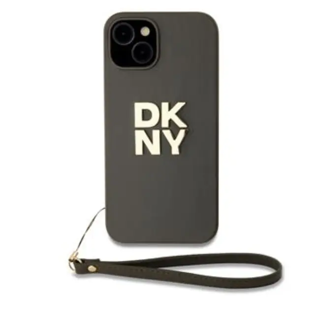 DKNY PU Leather Stack Logo Wrist Strap Case for iPhone 13 Brown