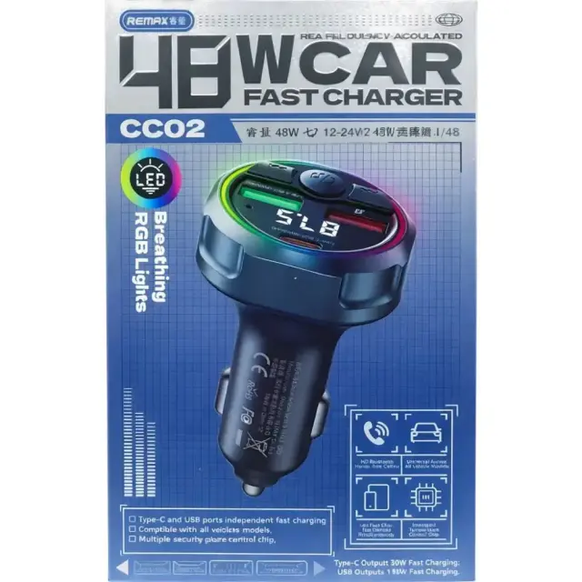 Remax CC02 Bluetooth FM Transmitter 48W με USB-C PD 30W & USB-A QC 18W και RGB LED 2