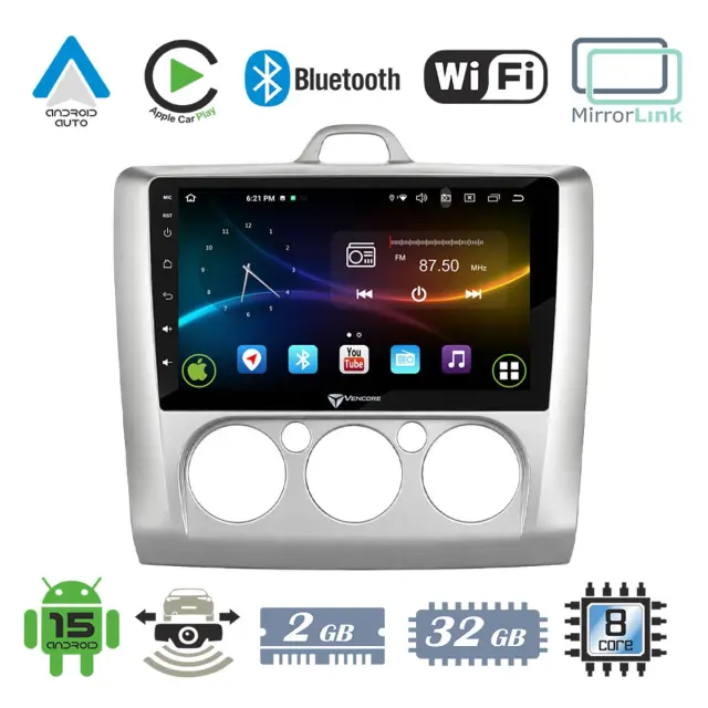 VenCore Οθόνη Multimedia Android 15 9" 9109A MTK6762 Octa-Core 2GB/32GB IPS με Πρόσοψη, CarPlay, Android Auto και Υποστήριξη Κάμερας Οπισθοπορείας AHD για Ford Focus Manual A/C 2004-2015 – Ασημί (3236-10007-0041SM)