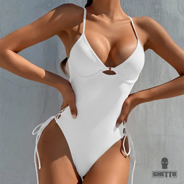 Ghetto High Cut Leg One Piece Thong Swimsuit White