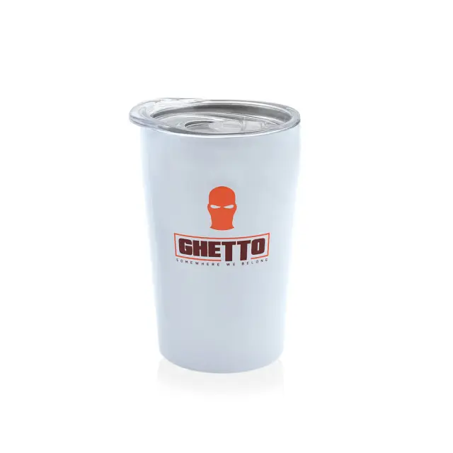 Ghetto White Stainless Steel Cup 380ml | Mask Logo Thermal Tumbler Orange