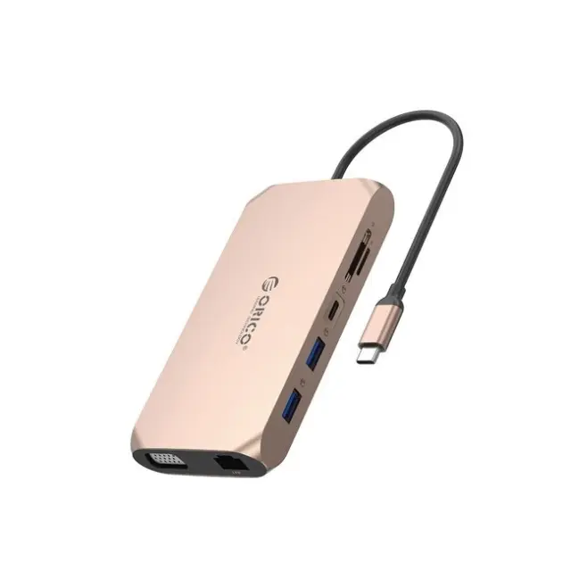 Orico Docking Station XCR 12in1 3x USB-A 3.1 1x USB-A 2.0 1x USB-C PD 100W 1x USB-C 3.1 1x HDMI 1.4 4K30Hz 1x VGA 1080p 1x SD 3.0 1x microSD 3.0 1x RJ45 Gigabit Ethernet 1x Audio CTIA 3.5mm Rose Gold