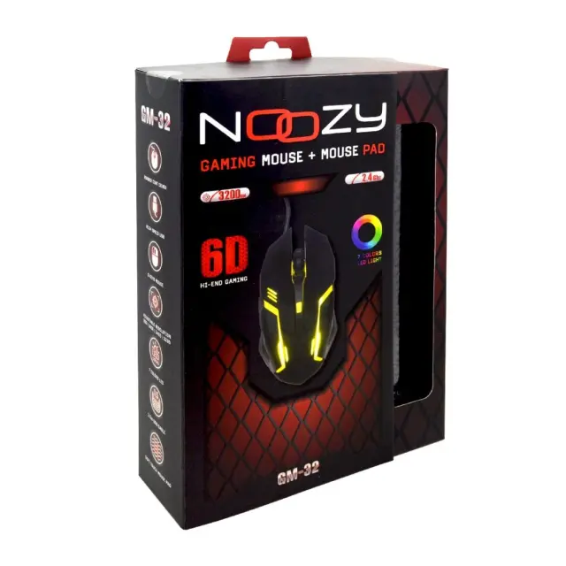 Ενσύρματο Ποντίκι Gaming Noozy GM-32 6D με 6 Πλήκτρα, 3200 DPI 7 Επιλογές LED Φωτισμού Καλώδιο 1.5m Braided και Mousepad