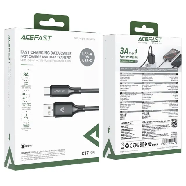 Καλώδιο Σύνδεσης Acefast C17-04 USB-A σε USB-C 3A Fast Charge USB2.0 Silicon Μαύρο 1.2m. 2