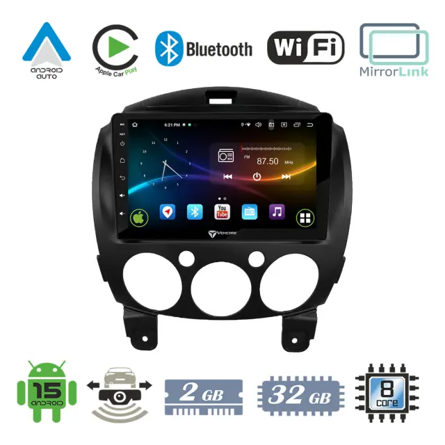 VenCore Οθόνη Multimedia Android 15 9" 9109A MTK6762 Octa-Core 2GB/32GB IPS με Πρόσοψη, CarPlay, Android Auto και Υποστήριξη Κάμερας Οπισθοπορείας AHD για Mazda 2 2008-2014 – Μαύρη (3236-10007-0667B)