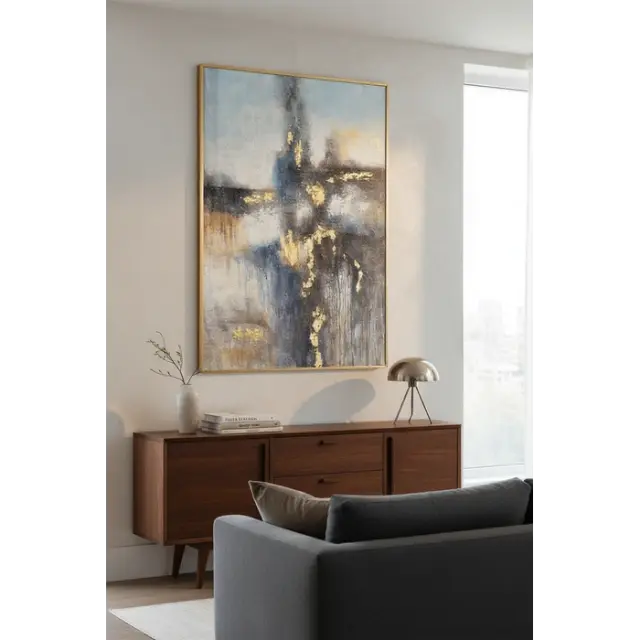 Πίνακας καμβά SULFUR λευκό μπλε χρυσό 100x150 cm Άσπρο Σαμπανιζέ 2