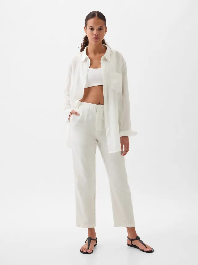 Άσπρο High Rise Λινό-Βαμβάκι Pull-On Παντελόνι new off white - XL