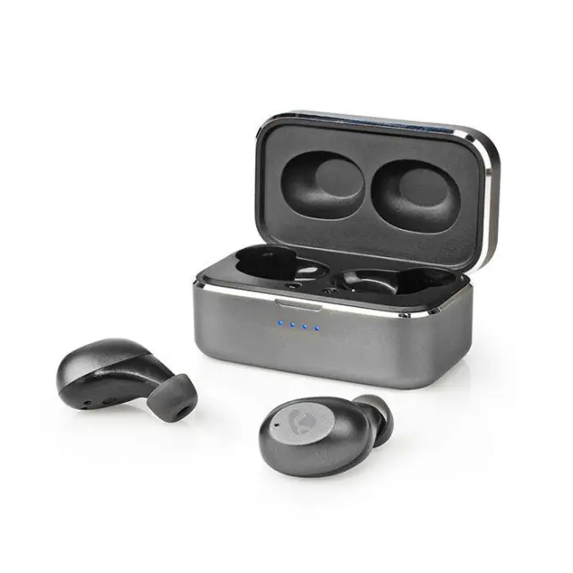 Bluetooth ακουστικά handsfree με θήκη φόρτισης, σε γκρι χρώμα.