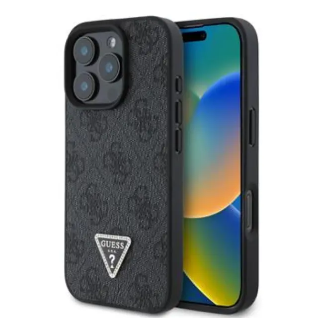 Guess PU 4G Strass Triangle Metal Logo Case for iPhone 16 Pro Black