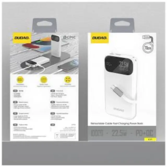 Φορτιστής Ανάγκης Dudao K31 22.5W 10000mAh PD QC με Ενσωματωμένο Retractable Καλώδιο Λευκό N71364 2