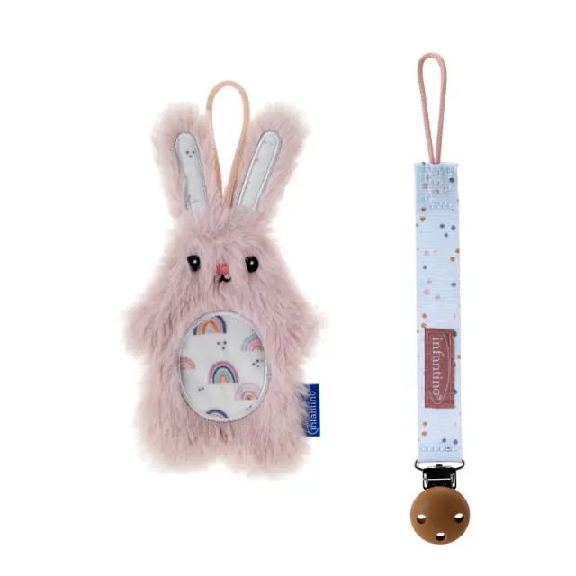 INFANTINO Pacipal Plush & Pacicrib - Bunny Pink -σετ Δώρου λούτρινο και κορδελα πιπίλας με κλιπ Λαγουδάκι.