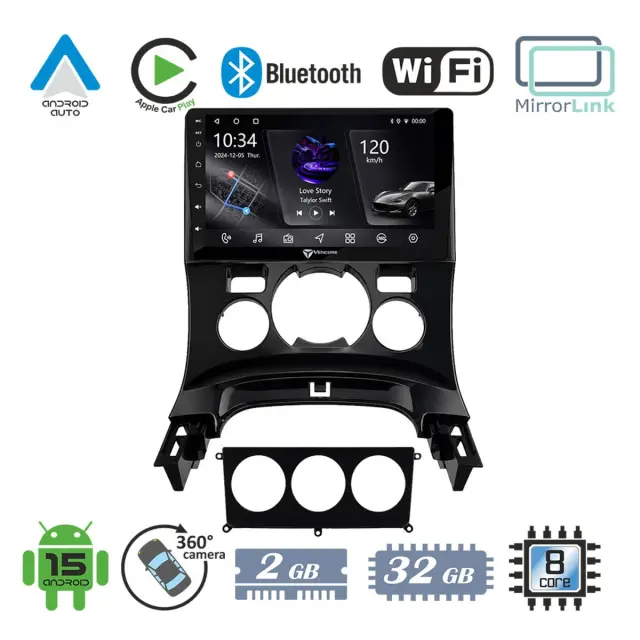 VenCore Οθόνη Multimedia Android 15 9" PX5S Octa-Core 2GB/32GB IPS με Πρόσοψη, CarPlay, Android Auto και Υποστήριξη Κάμερας 360° για Peugeot 3008 2008-2016 – Μαύρη (3236-10005-0163B)