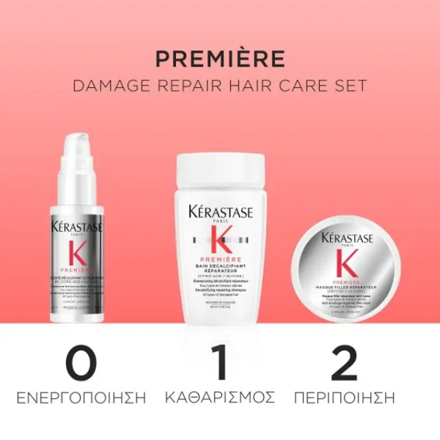 Kérastase Première Discovery Travel Set (Concentré Décalcifiant Ultra-Réparateur 45ml, Bain Décalcifiant 80ml, Masque Filler Réparateur 75ml) 2