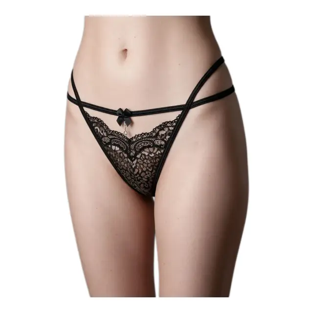 Milena Γυναικείο G-String Δαντέλα Ψηφιδωτό με Διπλά Λάστιχα και Κρεμαστό Strass, Χρώμα Μαύρο-Ασημί