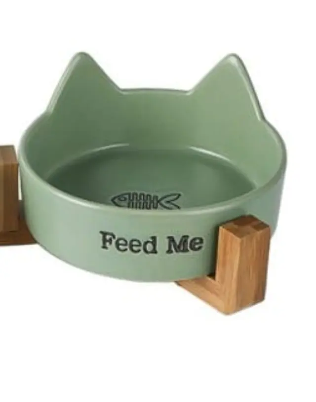 Πράσινο Κεραμικό Μπολ''Feed Me''σε ξύλινη βάση Κατοικίδιου 16.2x7.9cm(250ml)