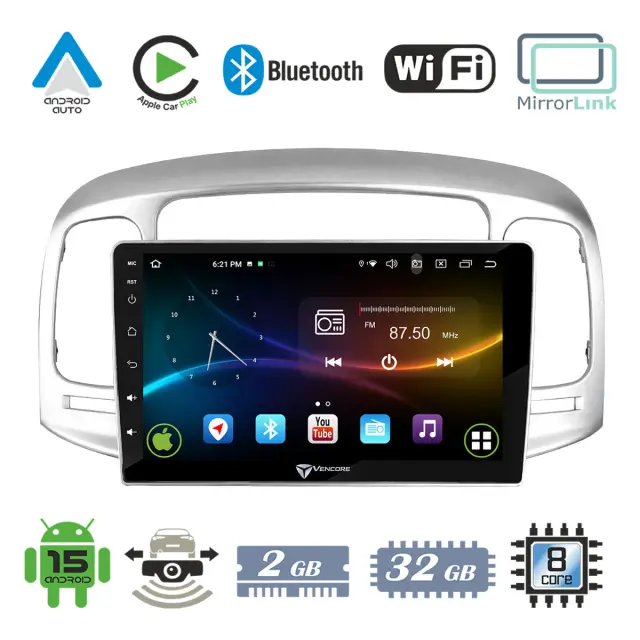 VenCore Οθόνη Multimedia Android 15 9" 9109A MTK6762 Octa-Core 2GB/32GB IPS με Πρόσοψη, CarPlay, Android Auto και Υποστήριξη Κάμερας Οπισθοπορείας AHD για Hyundai Accent 2006-2011 – Ασημί (3236-10007-0711S)