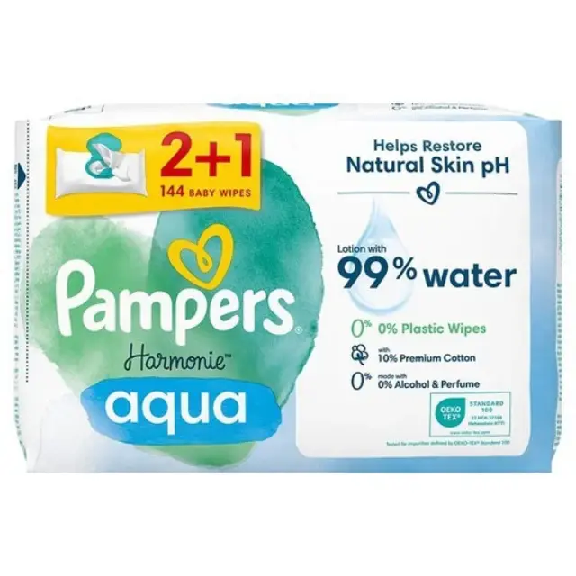Pampers PROMO PACK Harmonie Aqua Wipes, Μωρομάντηλα 3x48τμχ (144τμχ).
