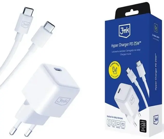 3mk® Φορτιστής -GaN με Θύρα USB-C και Καλώδιο USB-C - USB-C 25W PD3.