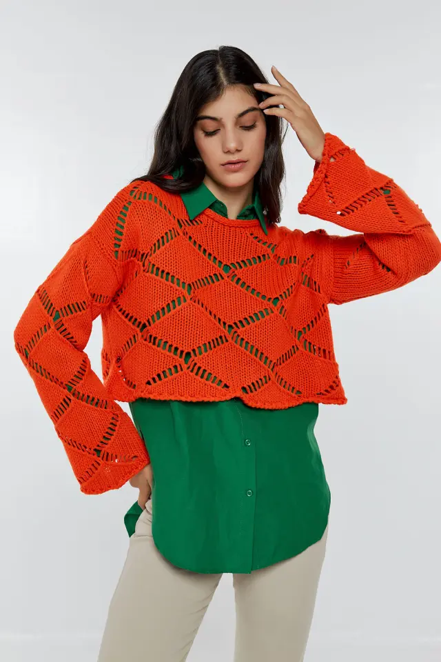 Crop Top Πλεκτό με Φαρδιά Μανίκια Πορτοκαλί
