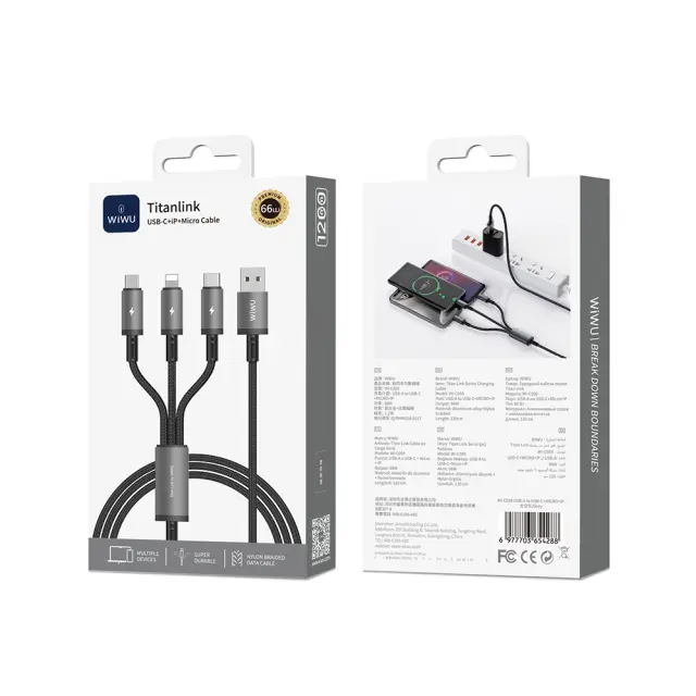 WiWU 1.2m 66W USB A TITAN LINK Series Charging Cable with A-C+M+L Wi-C059