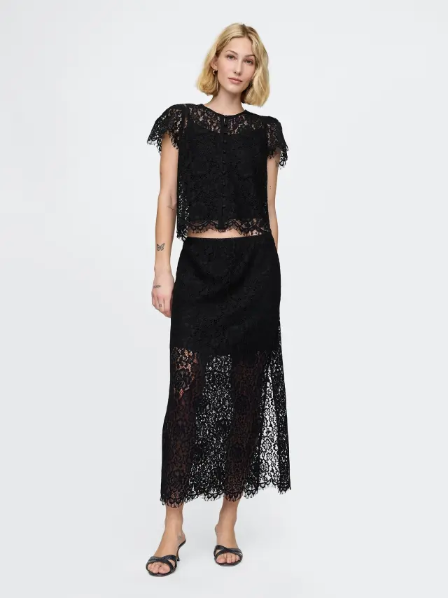 Μαύρη Δαντελένια Pull-On Midi Φούστα True black - S