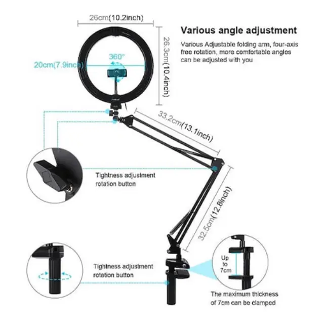 Puluz Ring Light LED Ring Light PKT3090B 26cm με Επιτραπέζια Βάση Στήριξης και Βάση για Κινητό 3