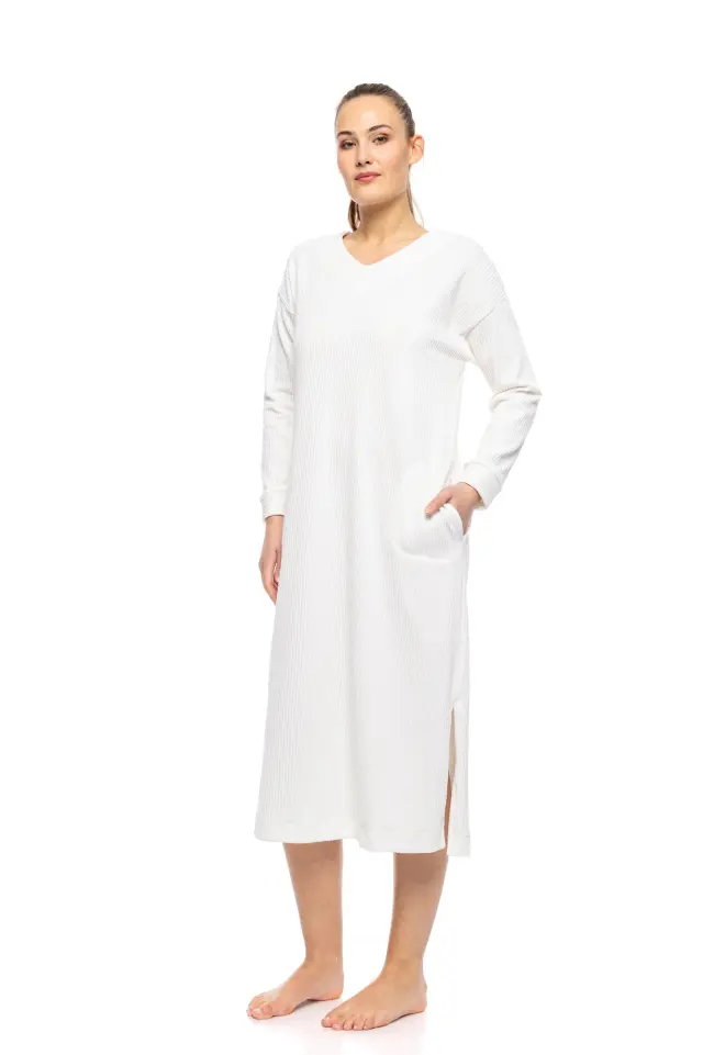 W1691 - White - NIGHTGOWN LONG VELVET STRIPE 2