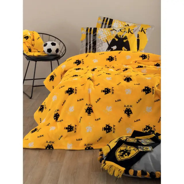 Κουβέρτα 160x220 Μονή Flannel-Sherpa 400gsm Palamaiki AEK BL Yellow Flannel-Sherpa