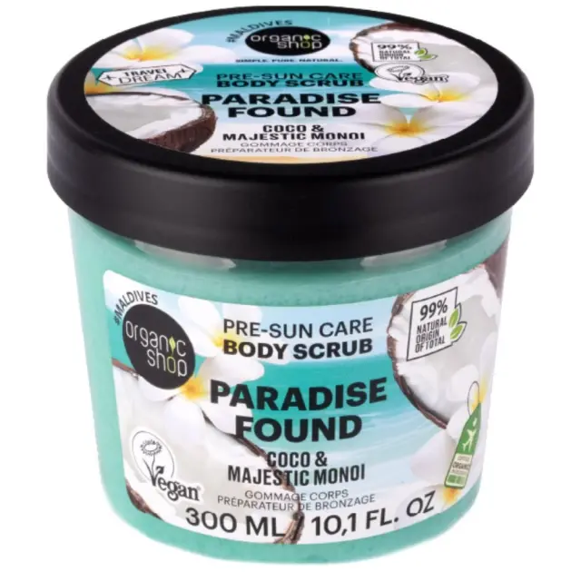 Organic Shop Pre-Sun Care Paradise Found Coco & Majestic Monoi Body Scrub 300ml Ενυδατικό Απολεπιστικό Σώματος με Εξωτικό Άρωμα Καρύδας & Monoi