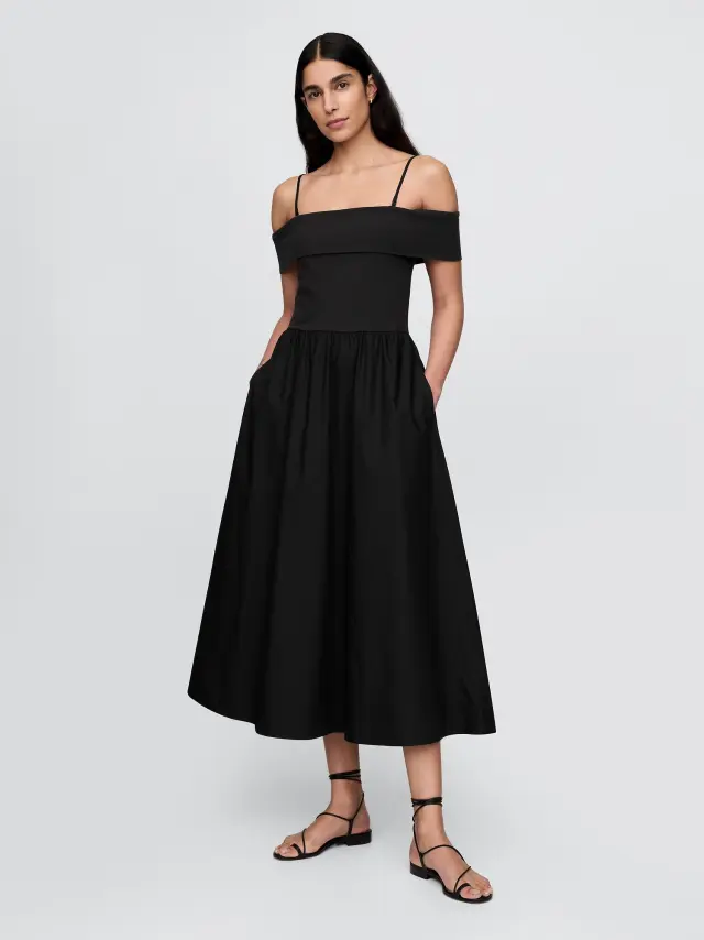 Μαύρο Mixed Media Off-Shoulder Midi Φόρεμα True black - S