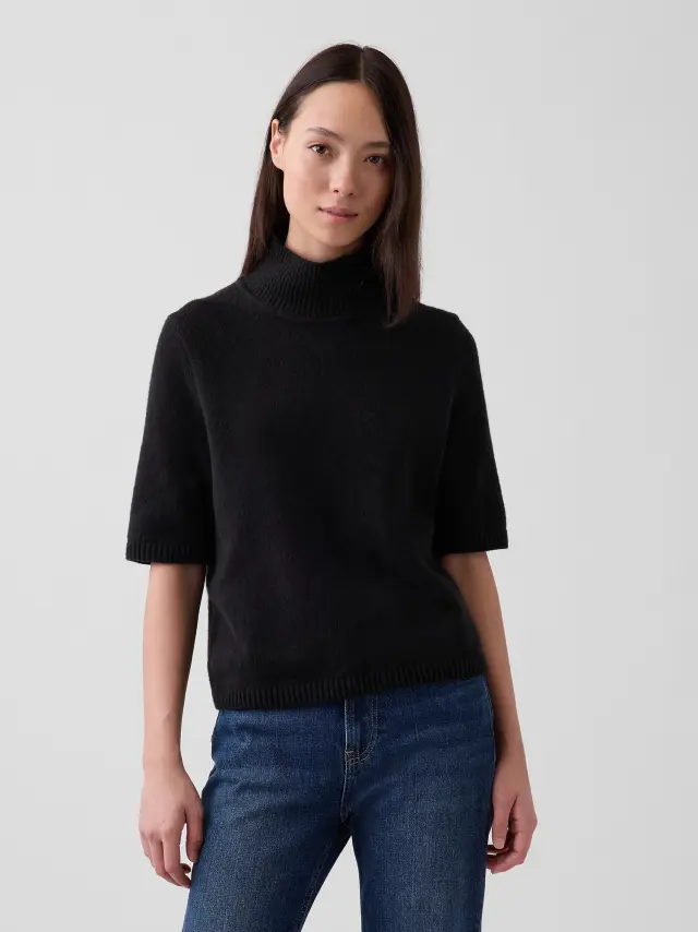 Γυναικείο Πουλόβερ CashSoft Mockneck με Μανίκι μέχρι τον Αγκώνα Basic black