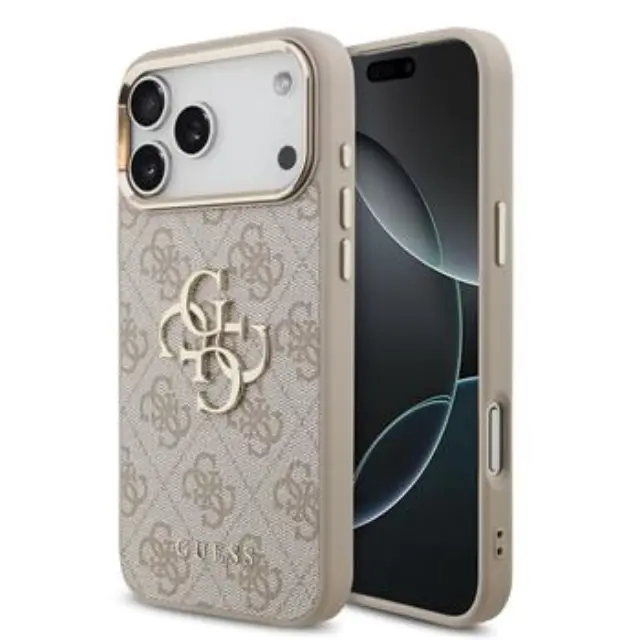 Guess PU Leather 4G Metal Logo Gold Frame Case for iPhone 18 Pro Max Pink